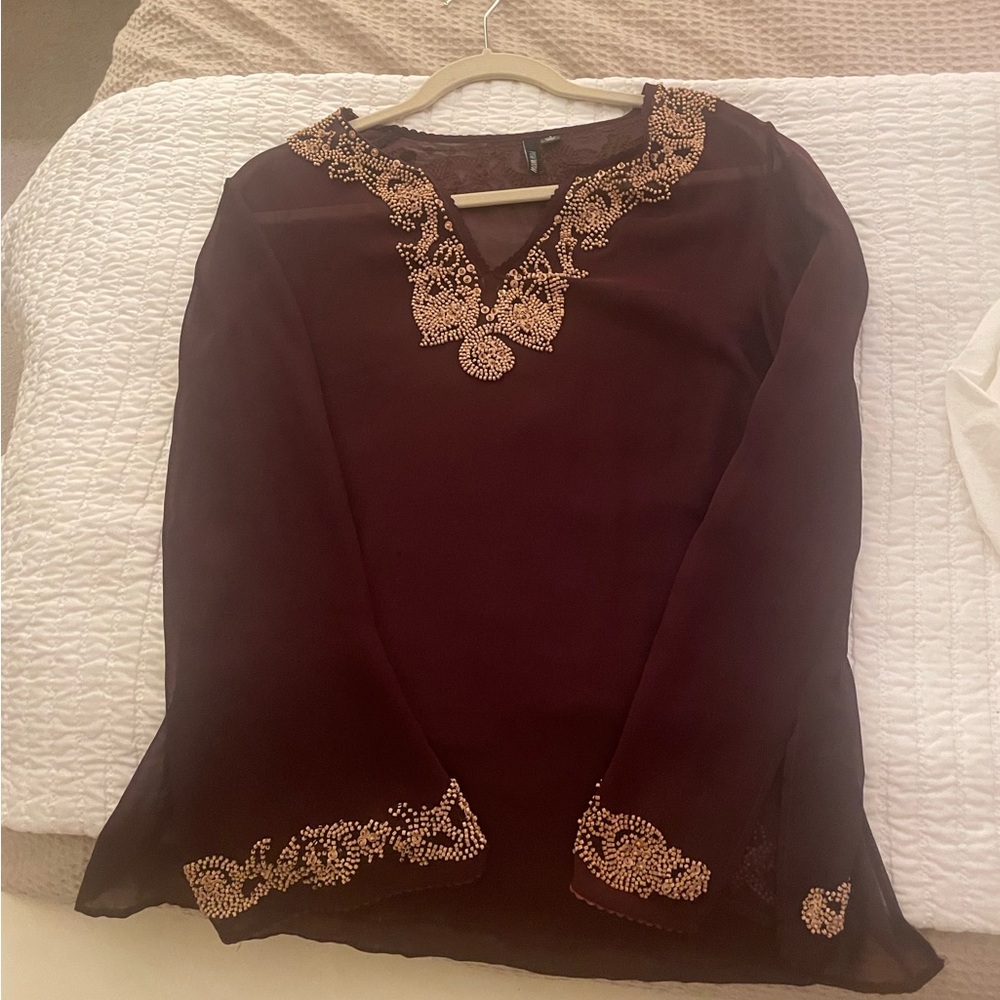 Maroon Tunic Sheer Chiffon Top Embellished Accents around Neckline & Cuffs